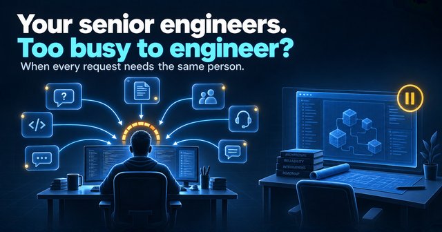 Questions, code reviews and support requests converge on one senior engineer while architectural work waits at an empty workstation.