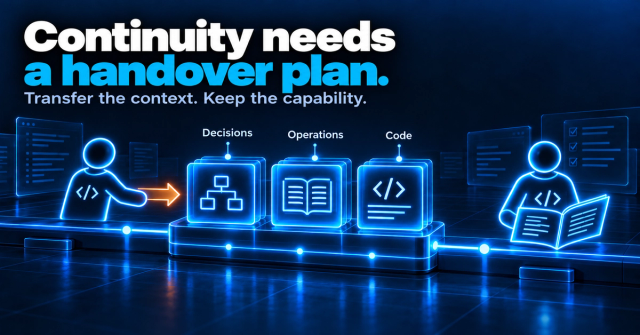 An engineer transfers decisions, operational knowledge and code into a shared repository while another engineer uses a playbook, illustrating a planned handover.
