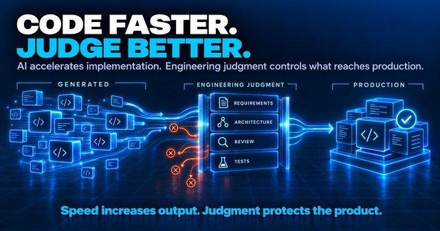 AI-generated code passing through requirements, architecture, review and testing controls before reaching production.