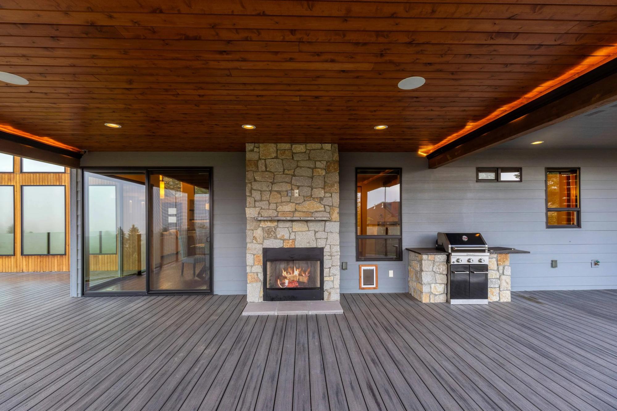 Deck with outdoor fireplace