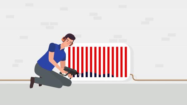 Illustration of an engineer agitating a radiator to loosen sludge during a MagnaCleanse flush.
