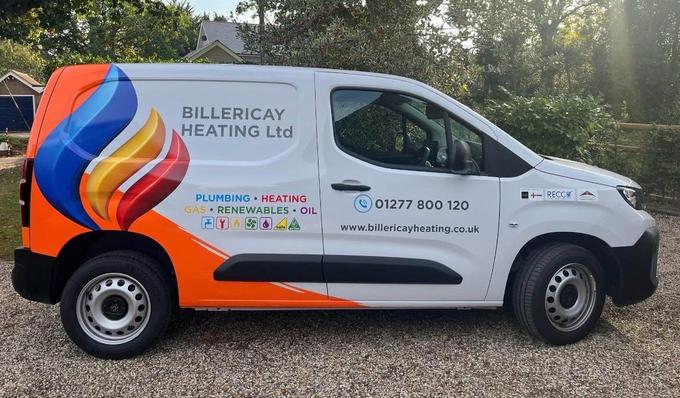 Billericay Heating Ltd branded van showing plumbing, heating, gas, renewables and oil services and the 01277 800 120 number.
