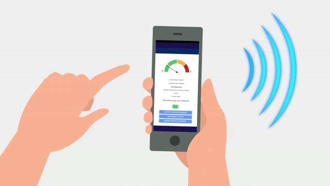 Illustration of a heating system water test result shown on a phone.