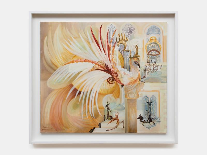 Installation view of displayed artwork titled White Peacock