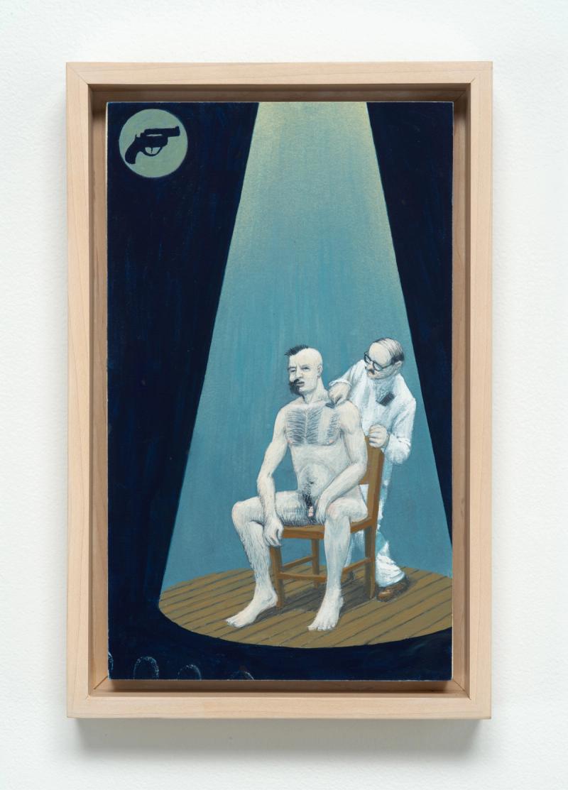 Installation view of displayed artwork titled Dream Object: Paperback Cover Painting (Man being Shaved)