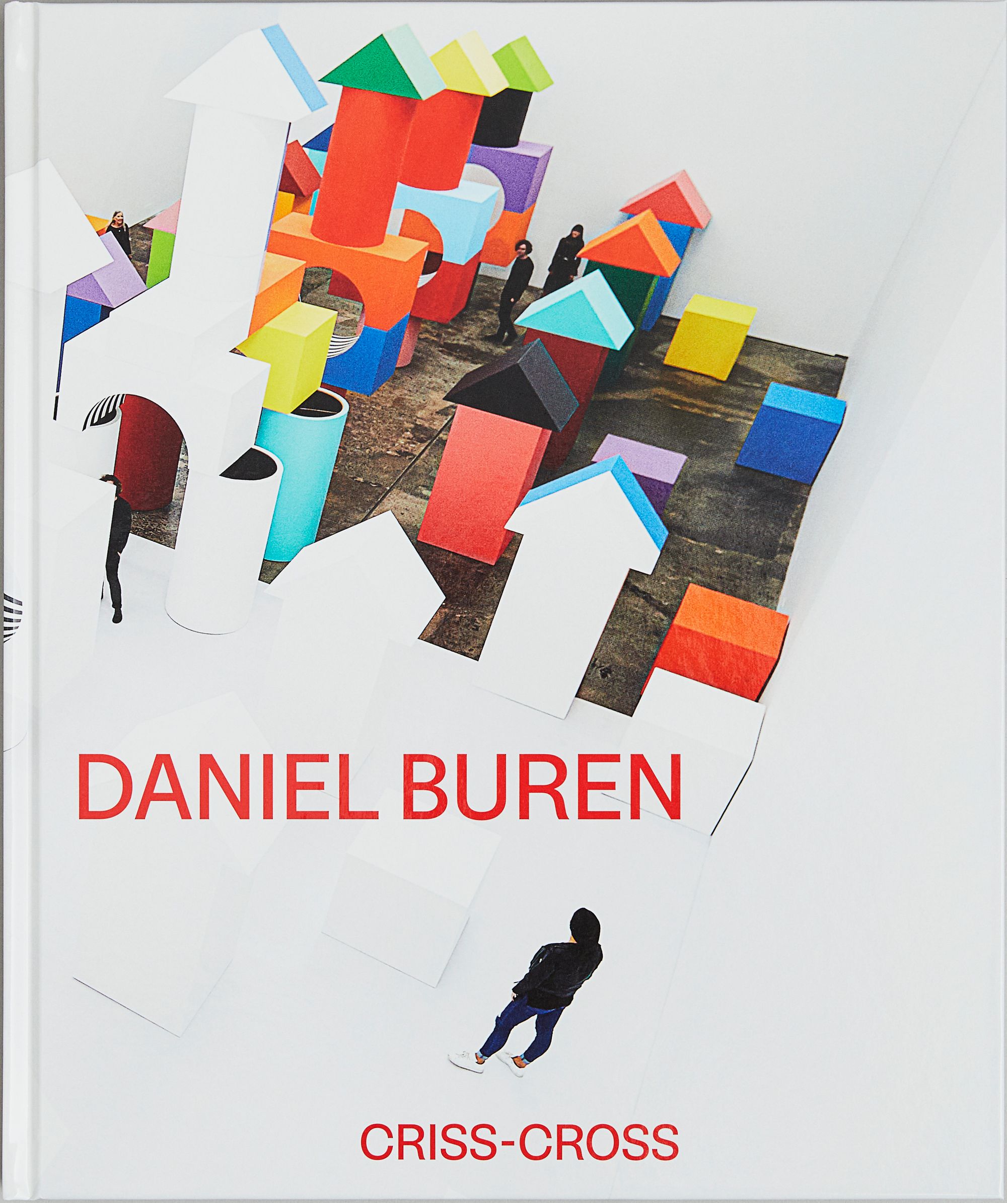 Detail view of Daniel Buren: Criss-Cross against a plain gray background
