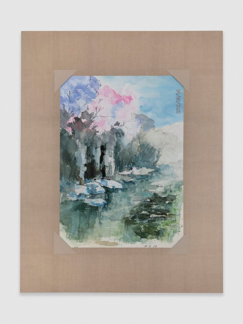 Installation view of displayed artwork titled Watercolor of Cherry Blossom Trees Along a River