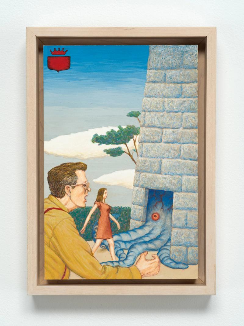 Installation view of displayed artwork titled Dream Object: Paperback Cover Painting ‘On the Road to Rochester (Series) After the Finding a “Destroy all Monsters