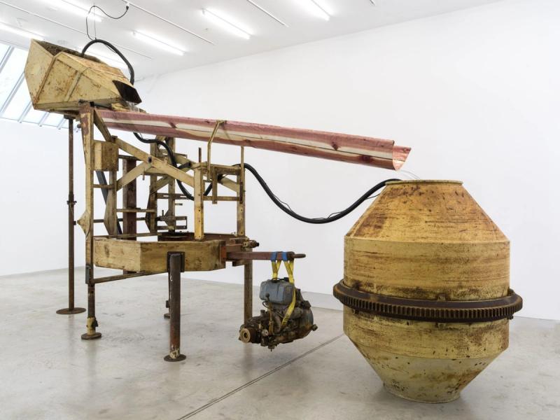Installation view of displayed artwork titled Untitled (Cement Mixer / Water Fountain)