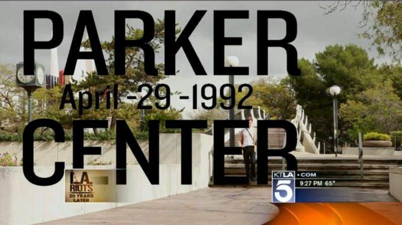 Installation view of displayed artwork titled Parker Center on KTLA 5