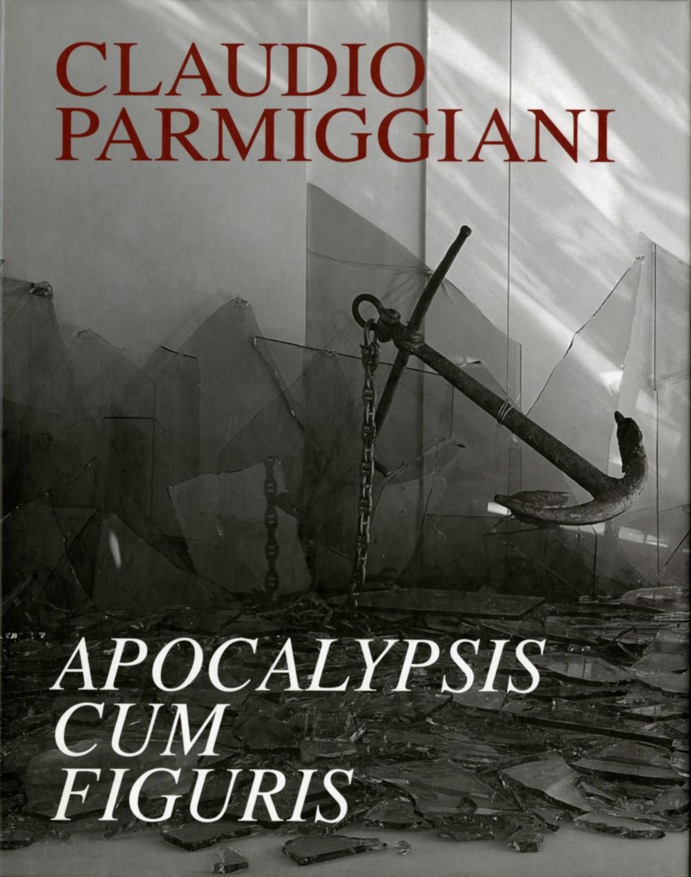 Book cover on plain gray background with title of Claudio Parmiggiani: Apocalypsis cum Figuris