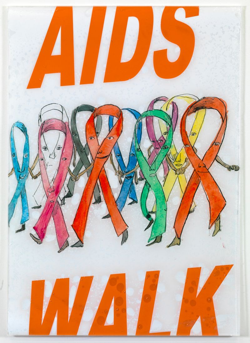 Installation view of displayed artwork titled AIDS WALK 2013