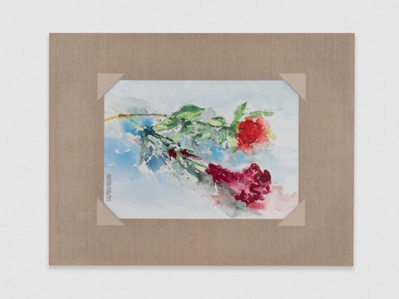 Installation view of displayed artwork titled Watercolor of a Carnation and Velvet Flower Stem