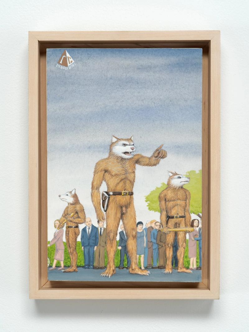 Installation view of displayed artwork titled Dream Object: Paperback Cover Painting (Werewolves)