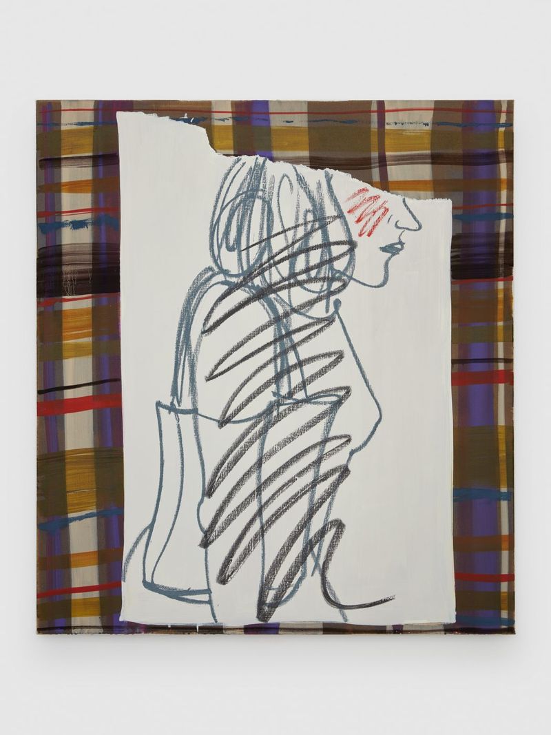 Installation view of displayed artwork titled Burden in Plaid (Groceries)