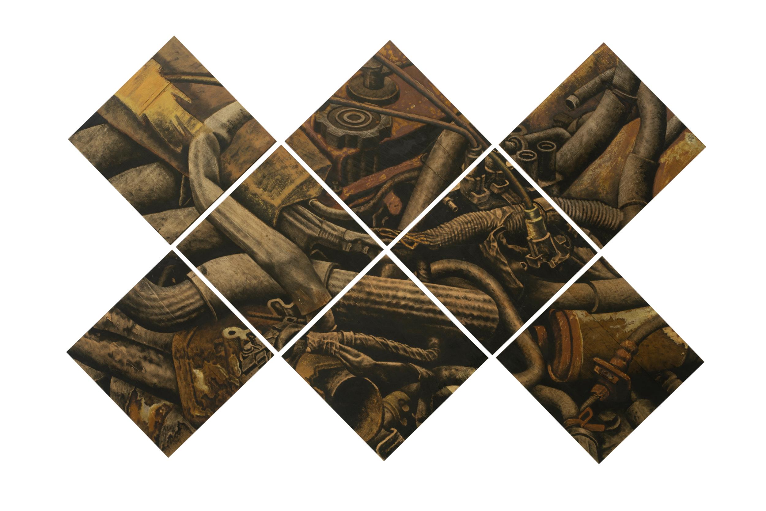 Installation view of Felt, Velvet, Soot, Gypsum, Engine Oil