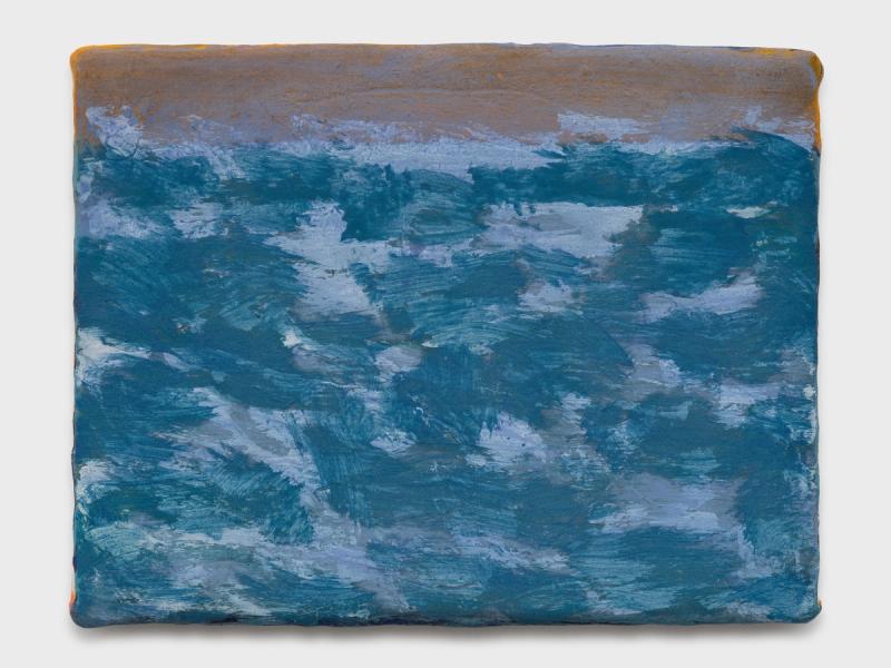 Installation view of displayed artwork titled La mer, parfois (bleu azurite)