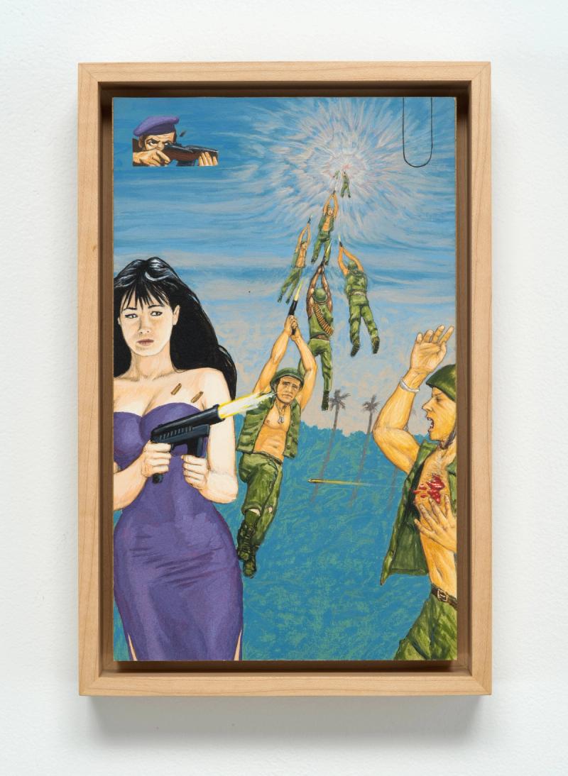 Installation view of displayed artwork titled Dream Object: Paperback Cover Painting (In Vietnam Shannon Doherty)
