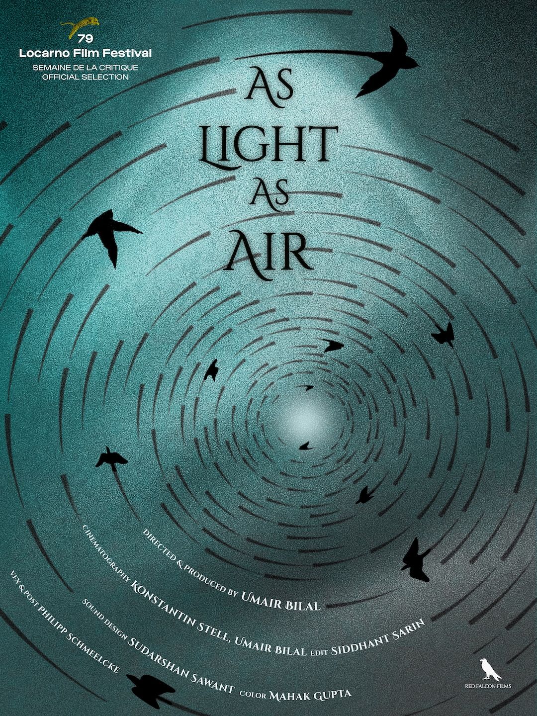 Movie poster for "As Light As Air" with a swirling blue design, black bird silhouettes, and Locarno Film Festival official selection text.