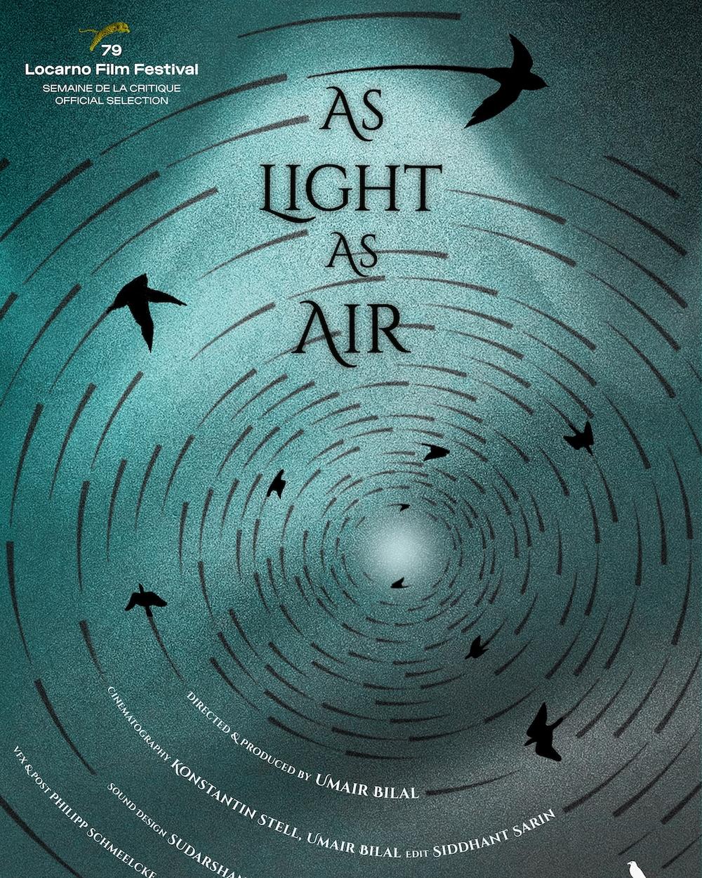 Movie poster for "As Light As Air" with a swirling blue design, black bird silhouettes, and Locarno Film Festival official selection text.