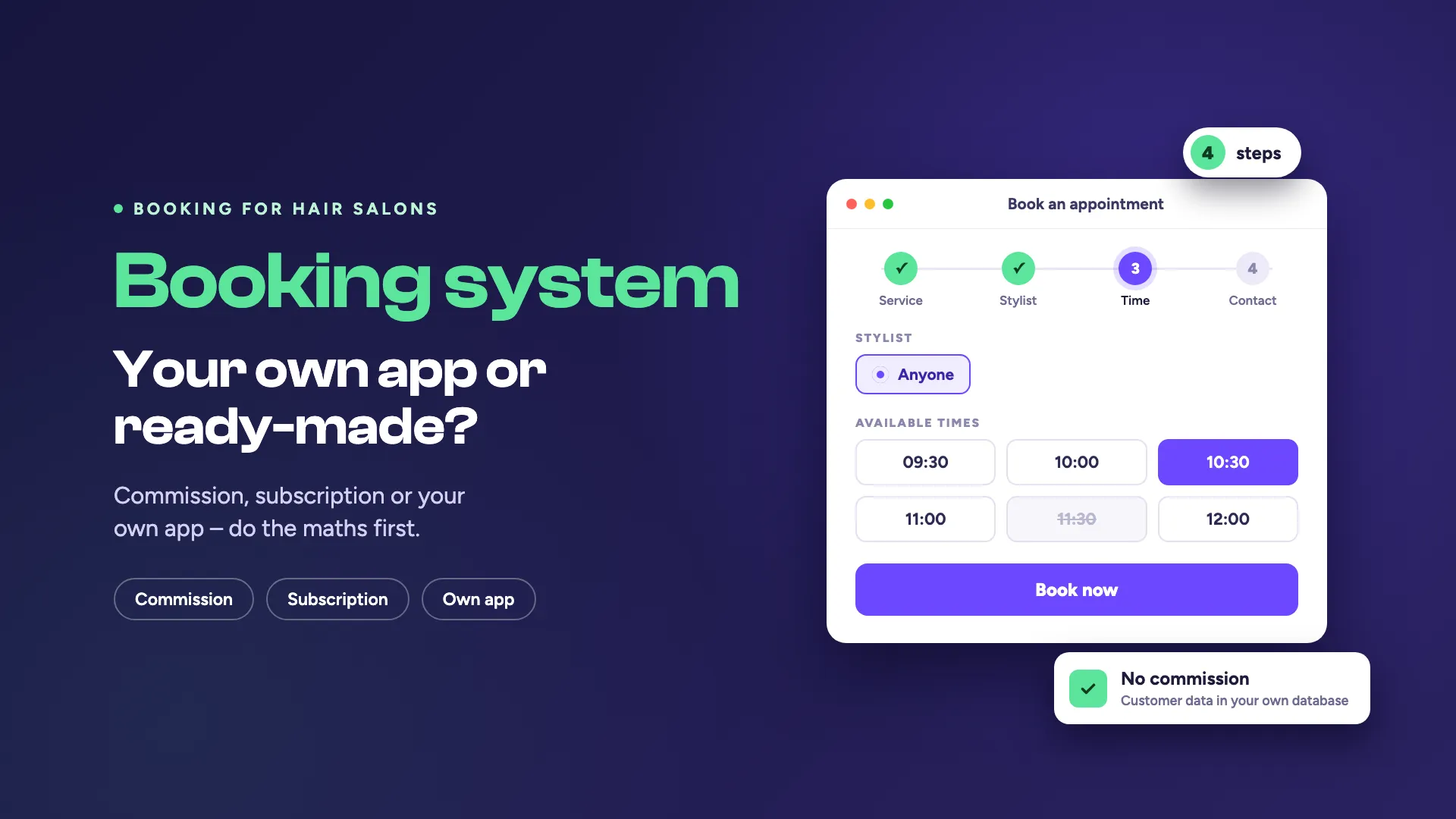 Cover with the text “Booking system – your own app or ready-made?” in green and white on an indigo background, next to a booking screen with four steps, available times and a “Book now” button.