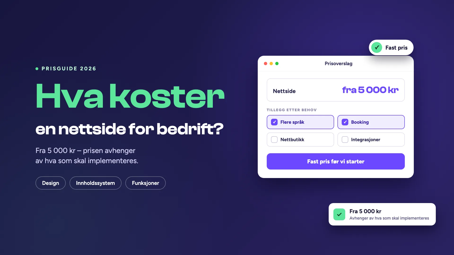 Omslag med teksten «Hva koster en nettside for bedrift?» i grønt og hvitt på indigo bakgrunn, ved siden av et prisoverslag som starter fra 5 000 kr.