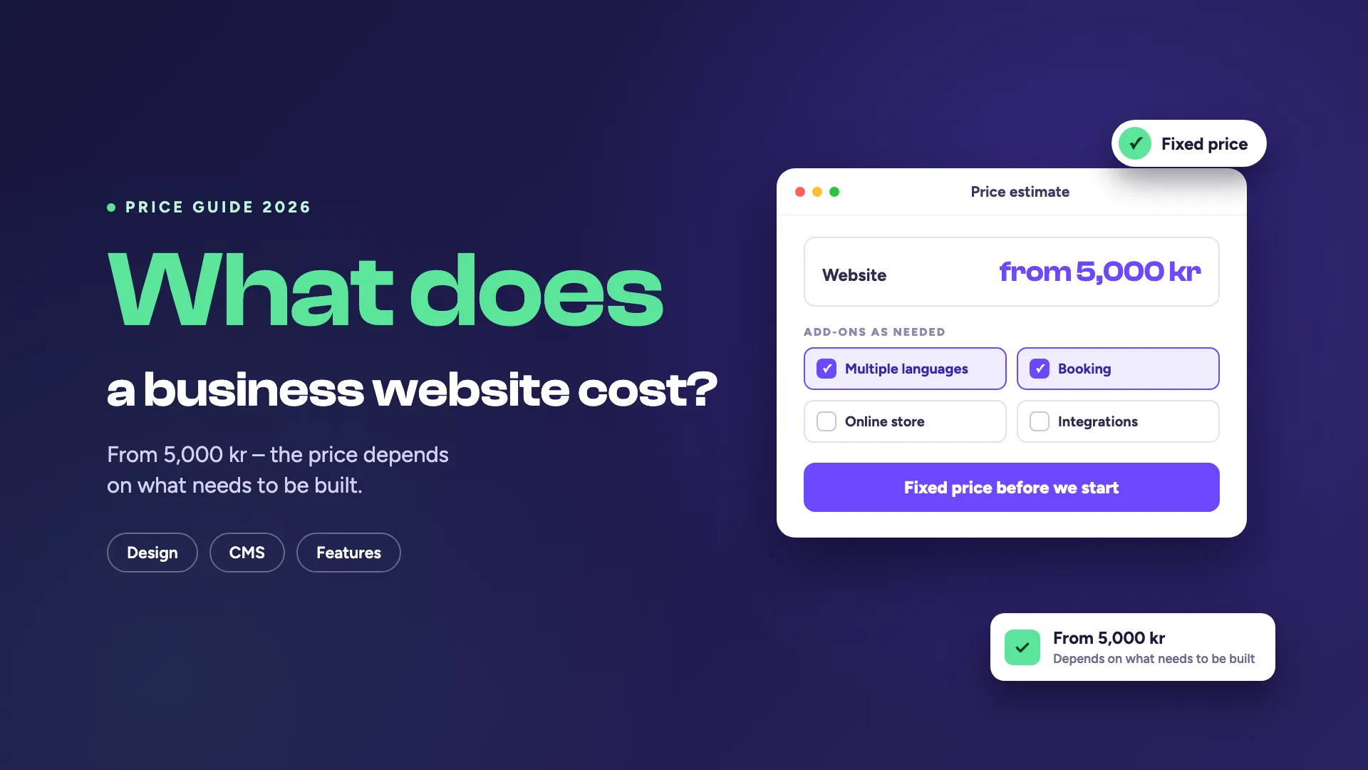 Cover with the text “How much does a business website cost?” in green and white on an indigo background, next to a price estimate starting from 5,000 kr.