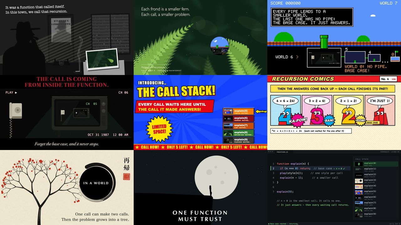Nine scenes about recursion: film noir, nature documentary, pixel game, horror, infomercial, comic, ink painting, trailer and code.