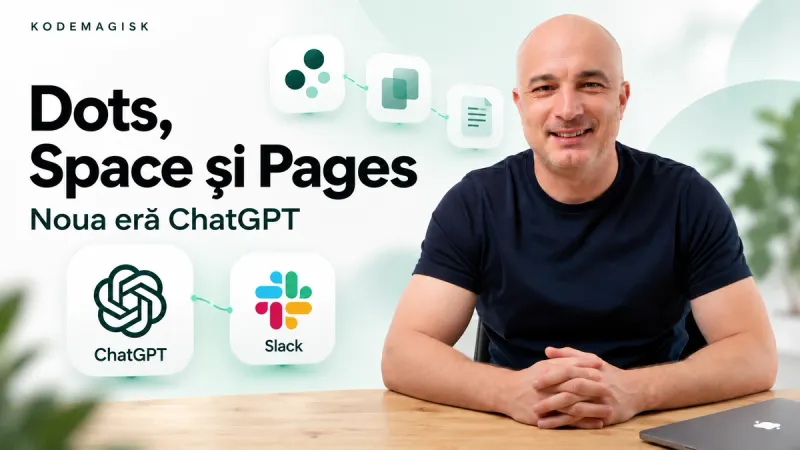 Teodor de la Kodemagisk pe coperta articolului despre Dots, Space și Pages, alături de logourile ChatGPT și Slack.