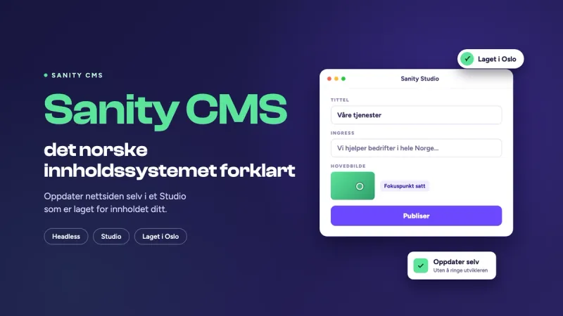 Omslag med teksten «Sanity CMS – det norske innholdssystemet forklart» i grønt og hvitt på indigo bakgrunn, ved siden av et redigeringsvindu i Sanity Studio.