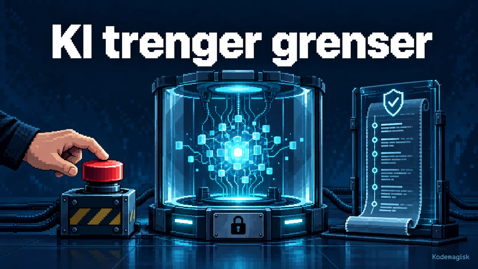 Pikselillustrasjon med teksten «KI trenger grenser», en KI-kjerne i et avgrenset kammer, en hånd ved en rød nødstopp og en separat hendelseslogg.