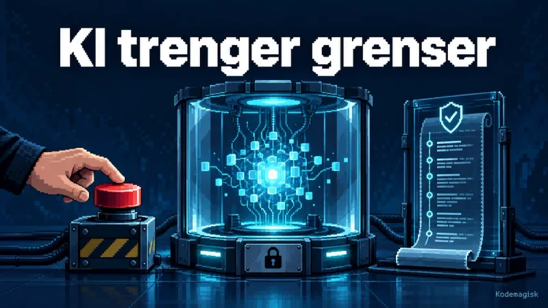Pikselillustrasjon med teksten «KI trenger grenser», en KI-kjerne i et avgrenset kammer, en hånd ved en rød nødstopp og en separat hendelseslogg.