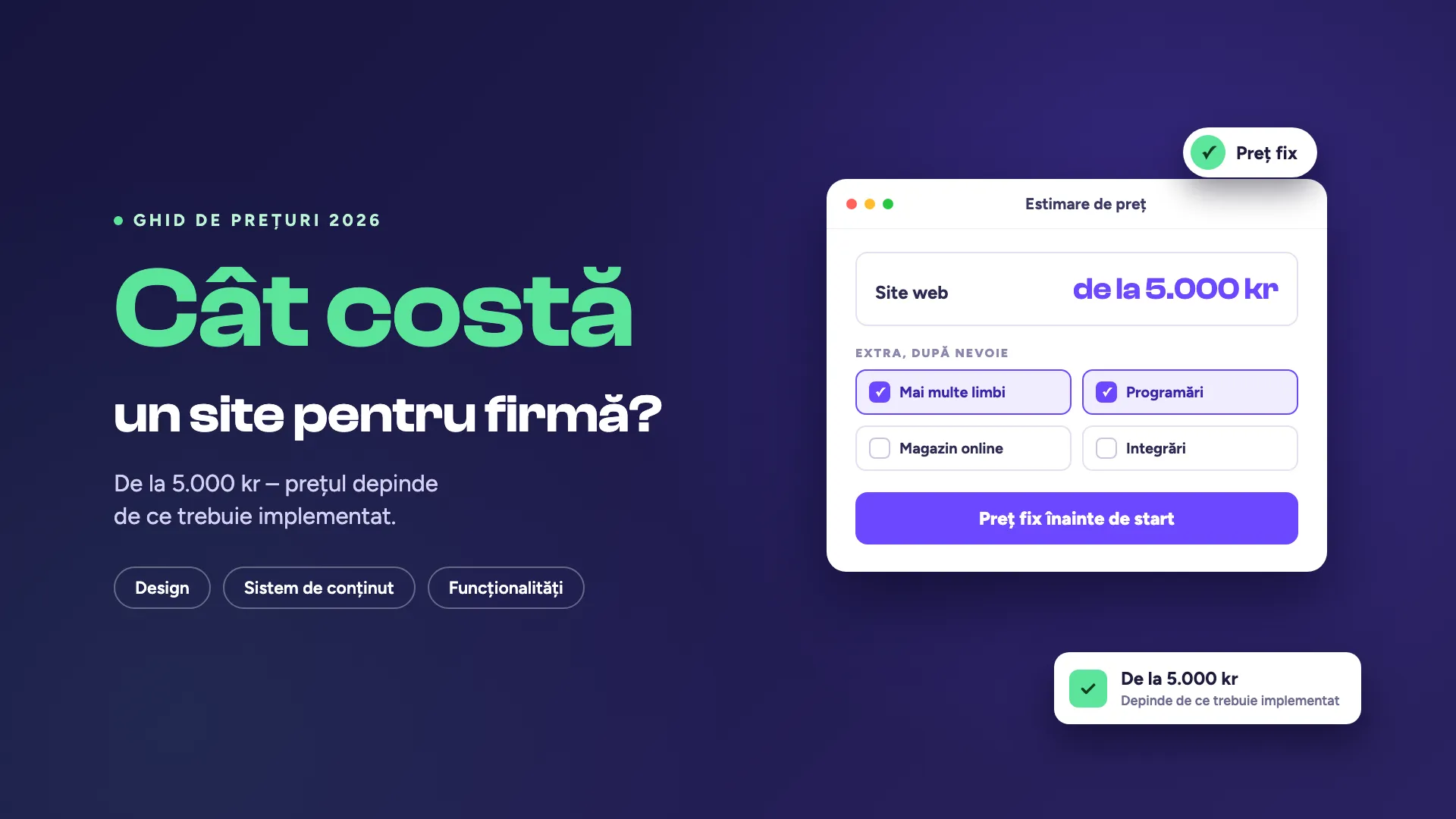 Copertă cu textul „Cât costă un site pentru firmă?” cu verde și alb pe fundal indigo, lângă o estimare de preț care pornește de la 5.000 kr.