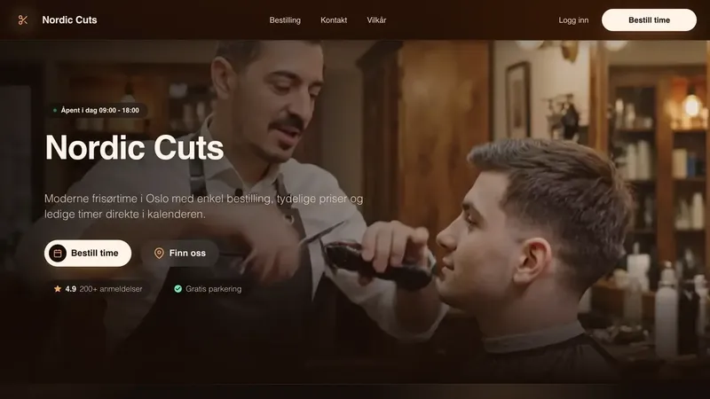 Nordic Cuts i nytt design: forsiden og bookingflyten ruller forbi automatisk