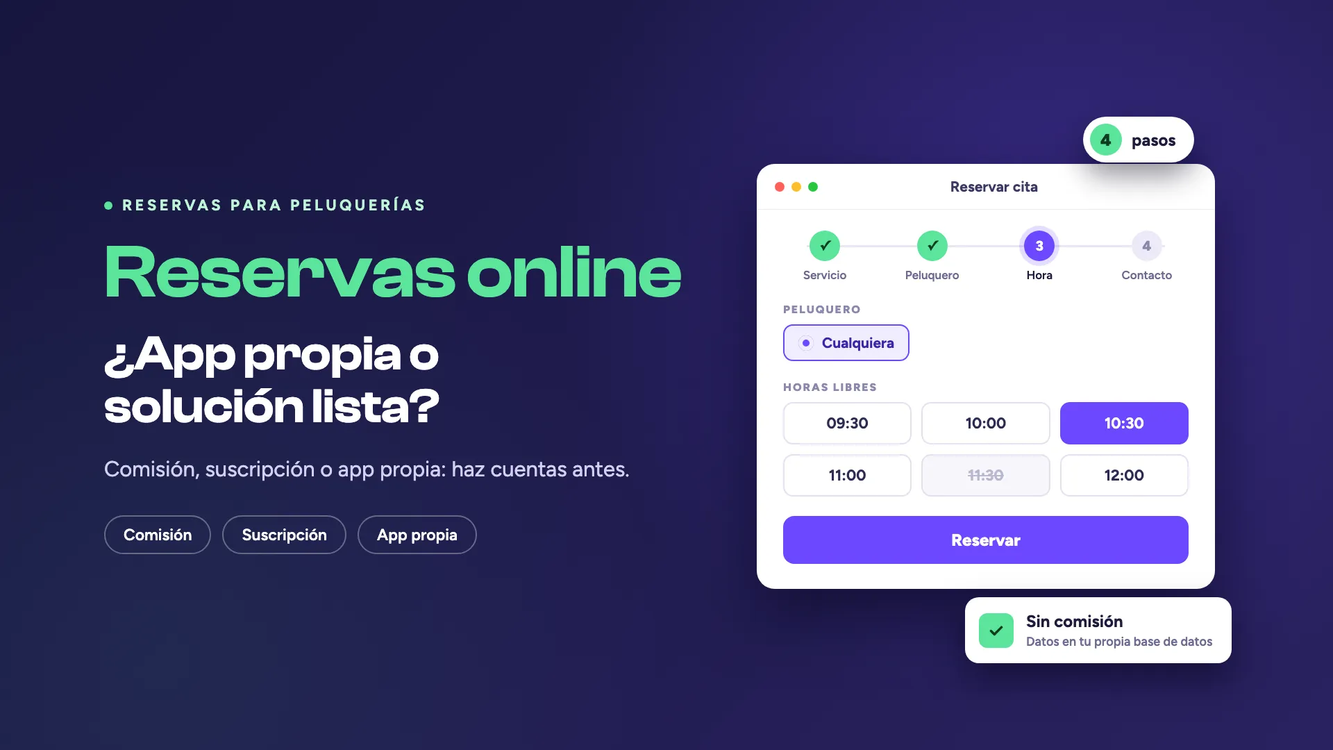 Portada con el texto «Reservas online – ¿app propia o solución lista?» en verde y blanco sobre fondo índigo, junto a una pantalla de reservas con cuatro pasos, horas libres y el botón «Reservar».