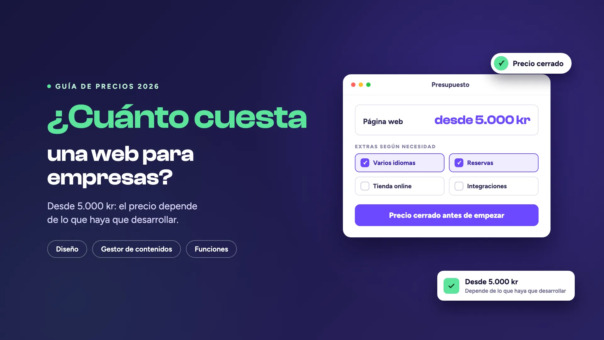 Portada con el texto «¿Cuánto cuesta una web para empresas?» en verde y blanco sobre fondo índigo, junto a un presupuesto que empieza desde 5.000 kr.