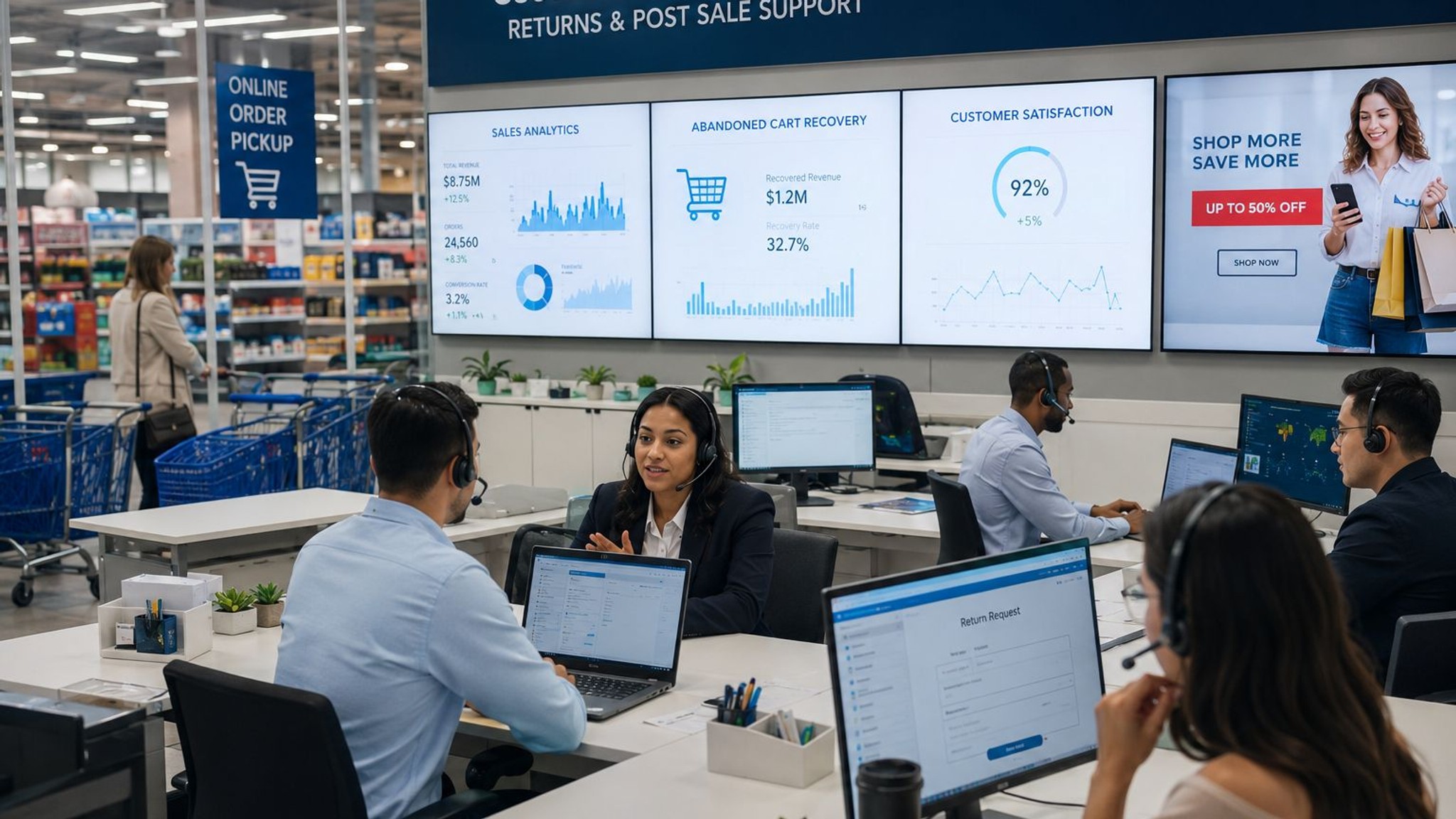 Equipo de atención al cliente y análisis comercial trabajando en soluciones para retail y consumo masivo, con foco en postventa, recuperación de carritos abandonados y métricas de ventas.