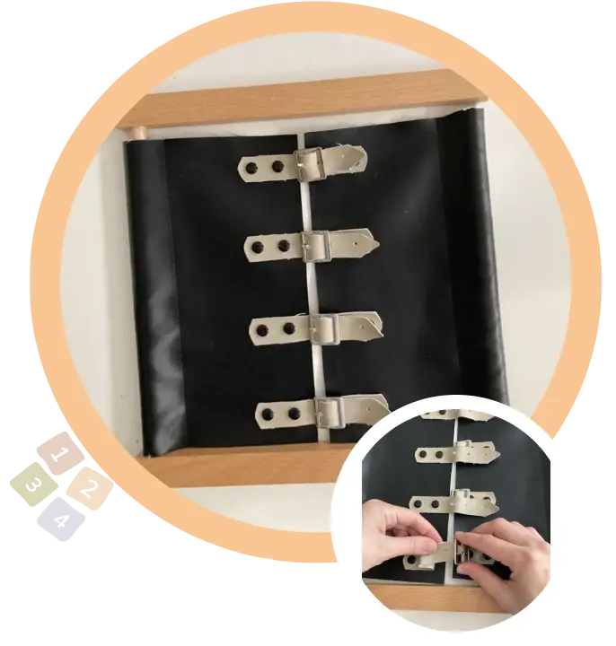 Черно-бежова монтесори рамка с каишки и катарами