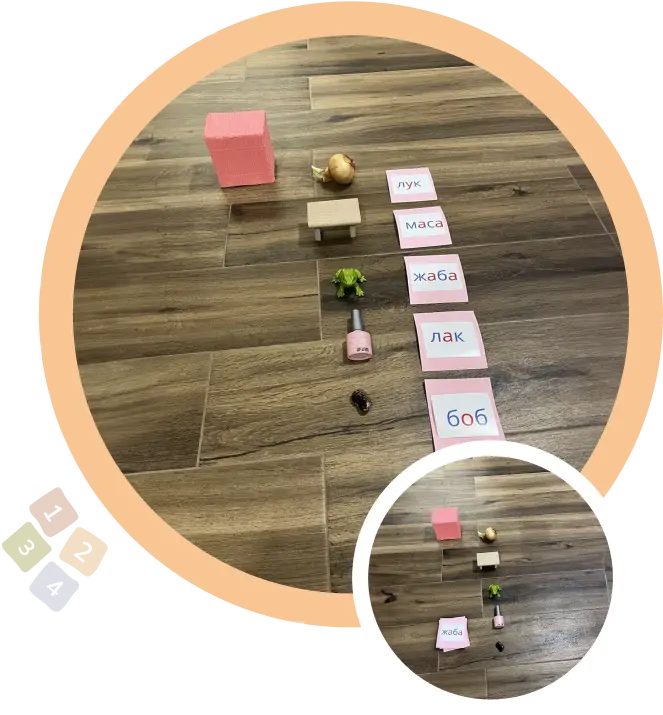 Предмети подредени до розови табелки с надписи