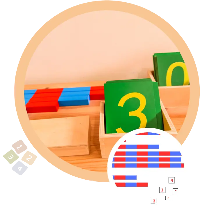 Червено-сини числови ленти, подредени на дървена маса