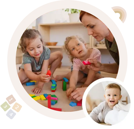 Учител и две деца играят с блокчета. Сцена на обучение, където децата развиват своите умения и креативност.