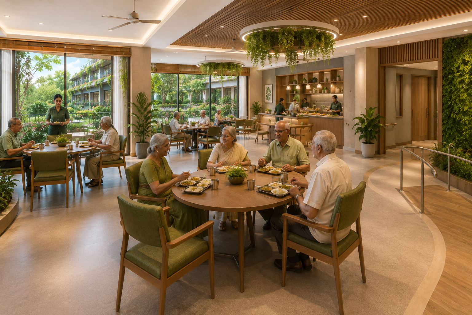 Residents sharing a meal in the community dining room