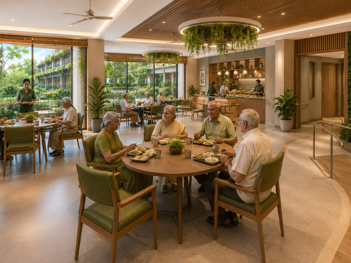 Residents sharing a meal in the community dining room