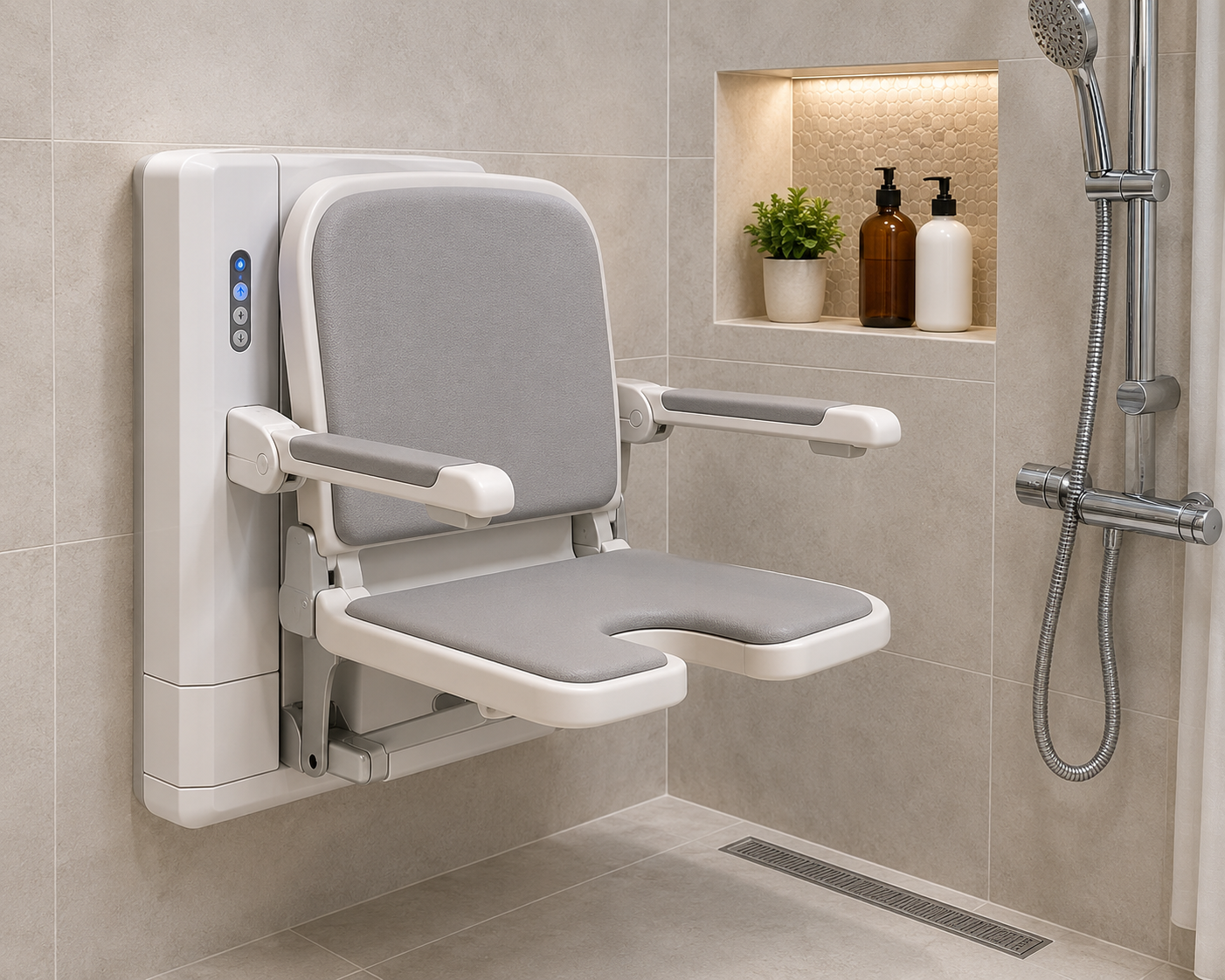 Accessible shower with a movable shower seat