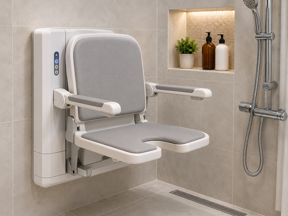 Accessible shower with a movable shower seat