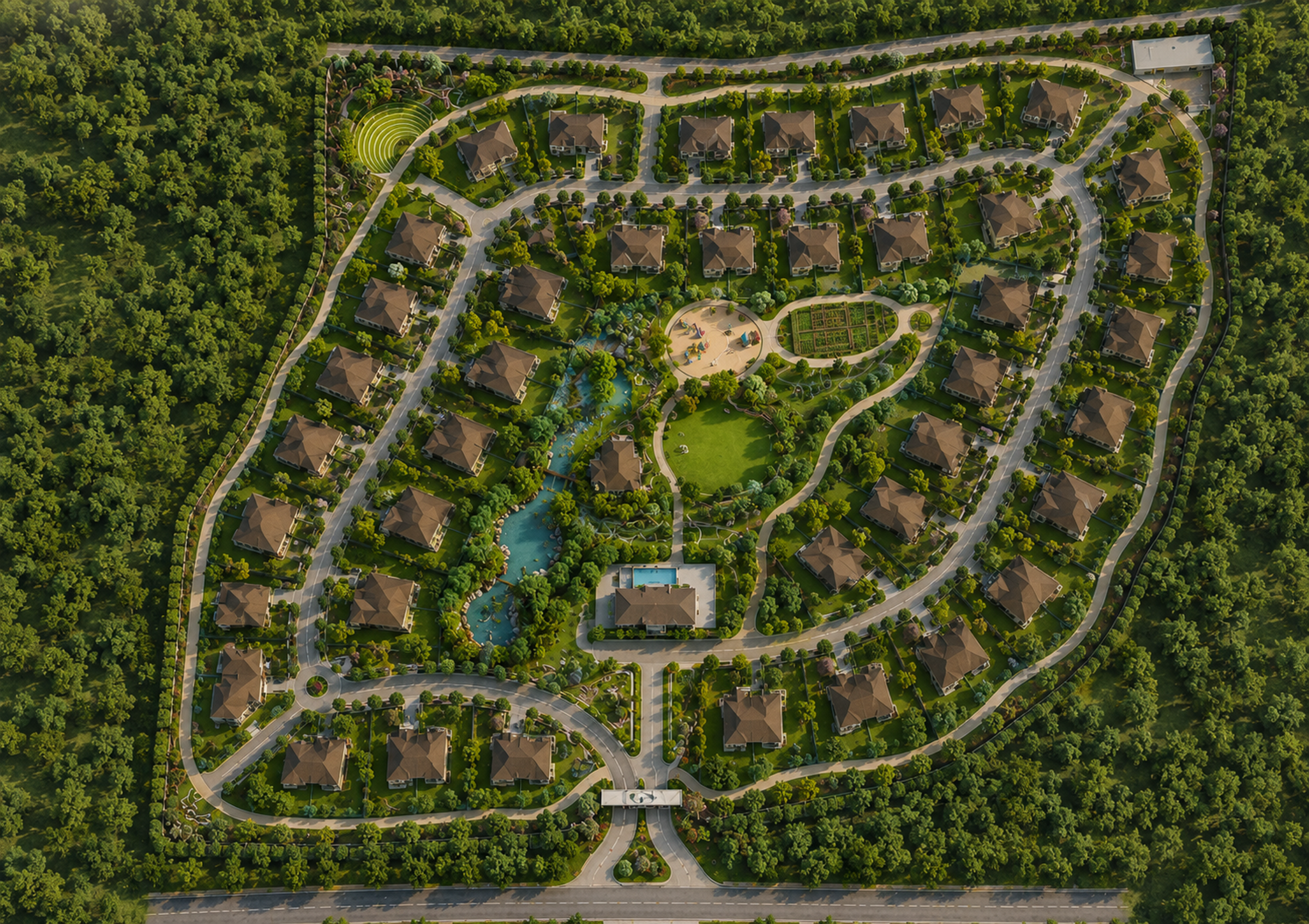 Aerial view of the LIFT Shelters integrated township at dusk