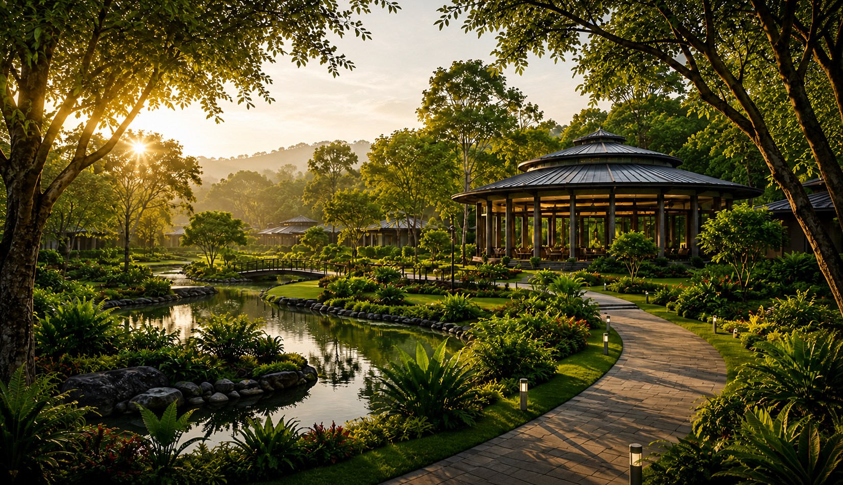 A peaceful garden, pond and community pavilion at LIFT Shelters