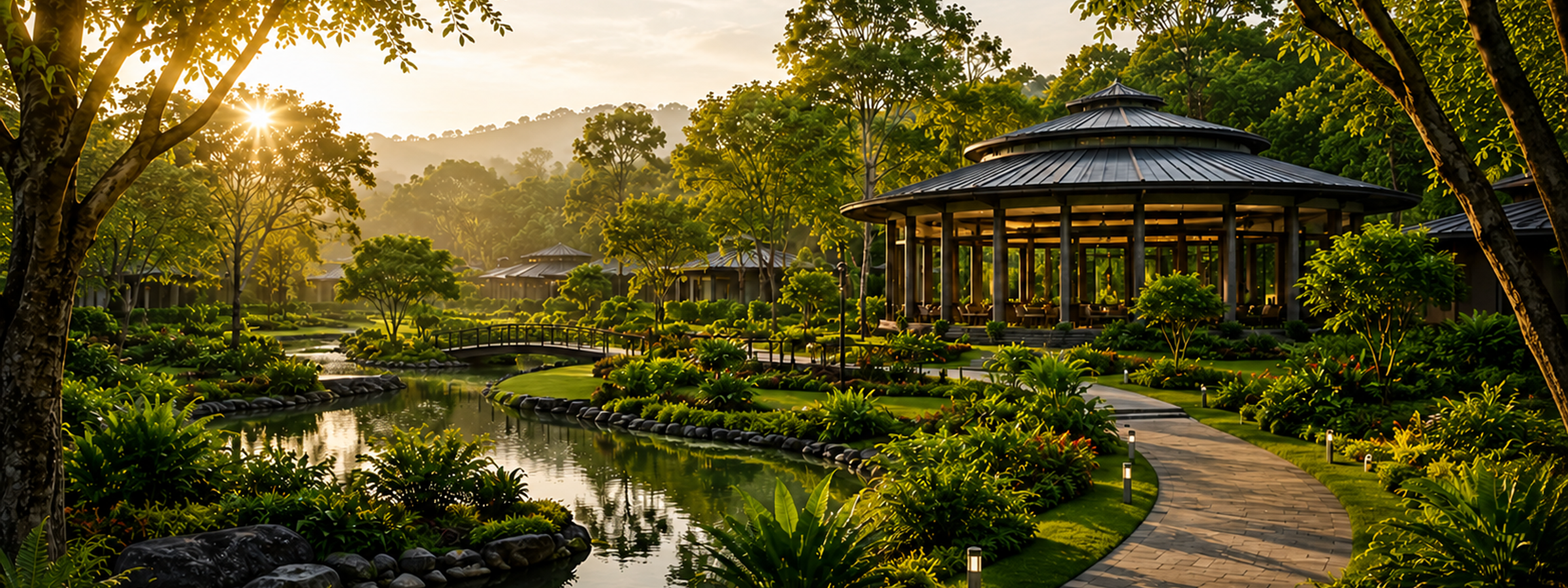 A peaceful garden, pond and community pavilion at LIFT Shelters