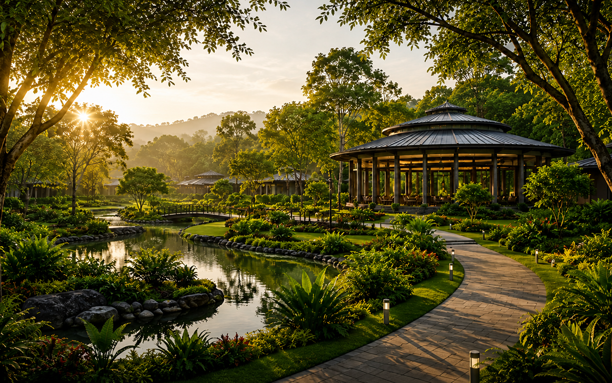A peaceful garden, pond and community pavilion at LIFT Shelters