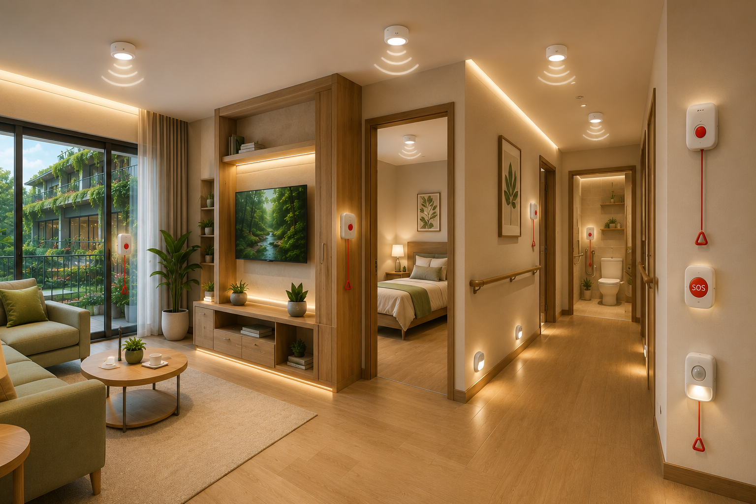 Low-level motion-sensor nightlights illuminating a hallway
